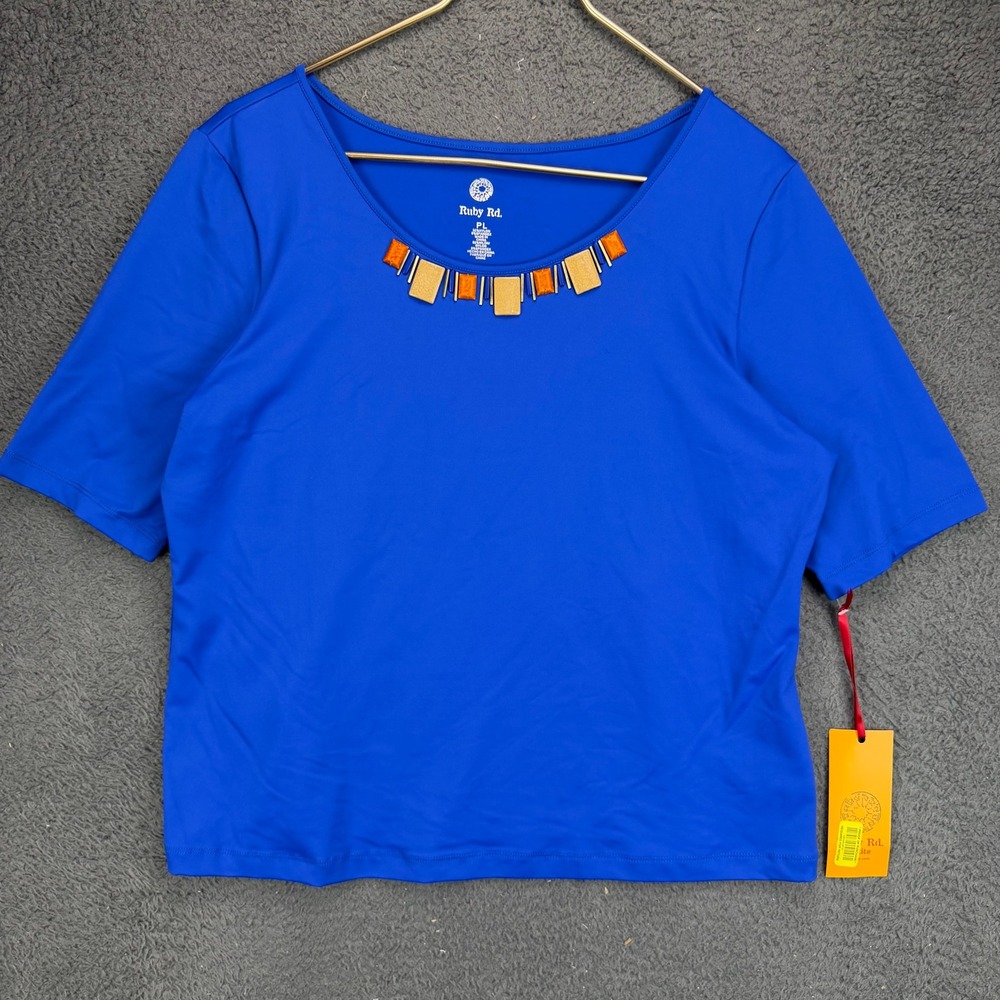 Ruby Rd Petite Cobalt Blue Beaded Neckline Top NWT PL Sun Kissed 431